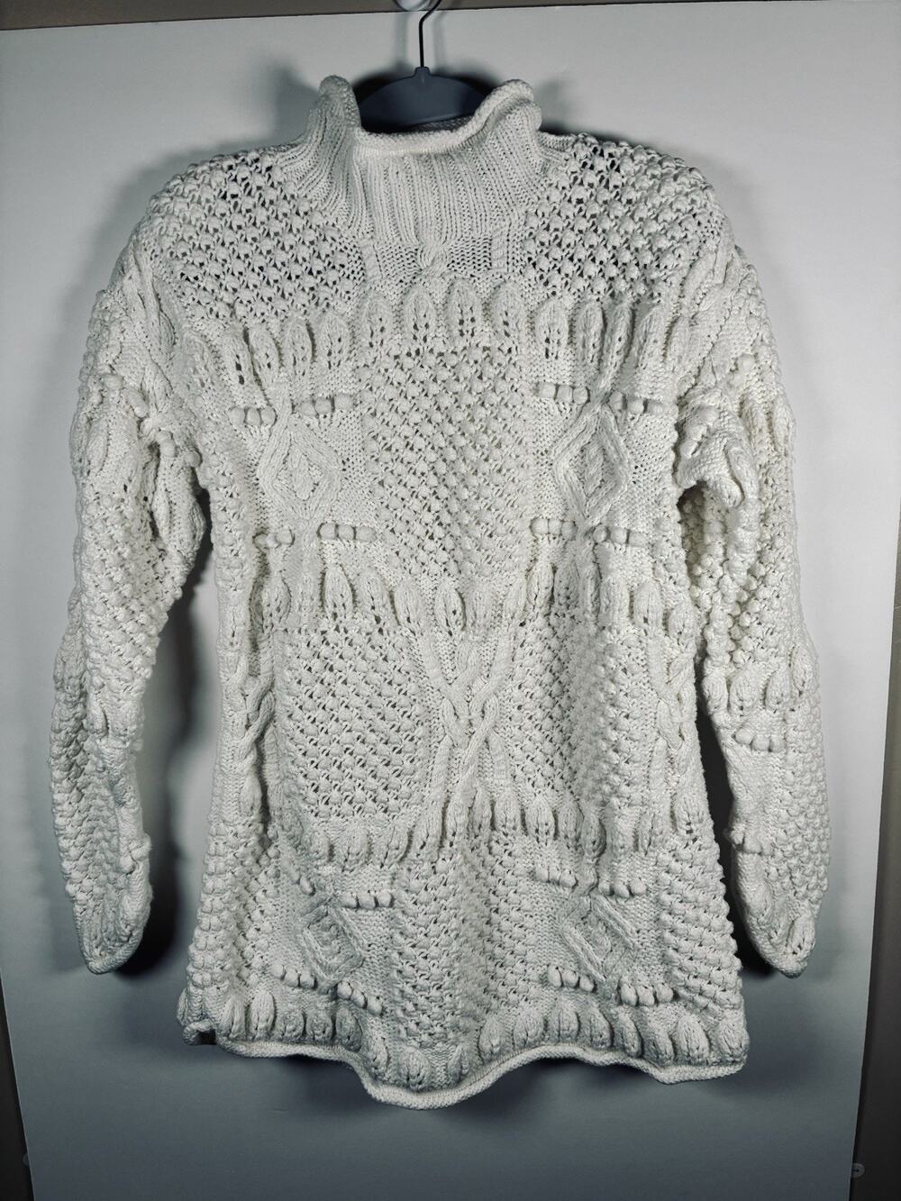 Vtg Yarnworks Handknit M Petite Fisherman Sweater Cream Ramie Cotton Bobble